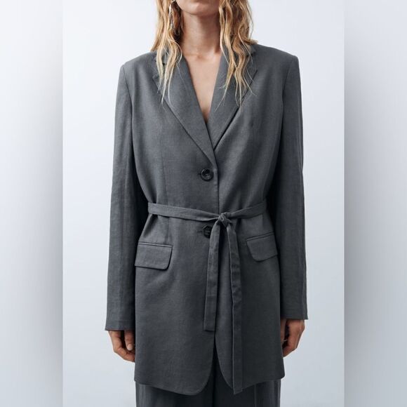 Zara LINEN BLEND BLAZER WITH BELT - Picture 8 of 8
